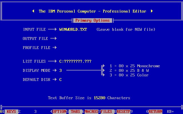 IBM Professional Editor 1.00 - Menu
